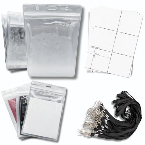 OfficeGear Lot de 50 porte-badges d'événement à suspendre verticaux de taille A6 (105 x 150 mm) Plus cordons et inserts imprimables – Fermeture à glissière pour cartes d'identité, passeports, badges