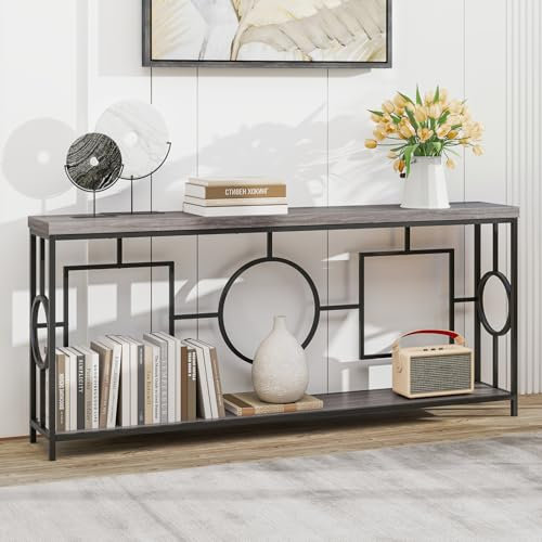 COSTWAY Table Console Industriel 180 cm, Console Meuble 2 Étagères, Cadre Métallique Robuste, Plateau Épaissi, Motif Géométrique, 180 x 30 x 80 cm(Noir)