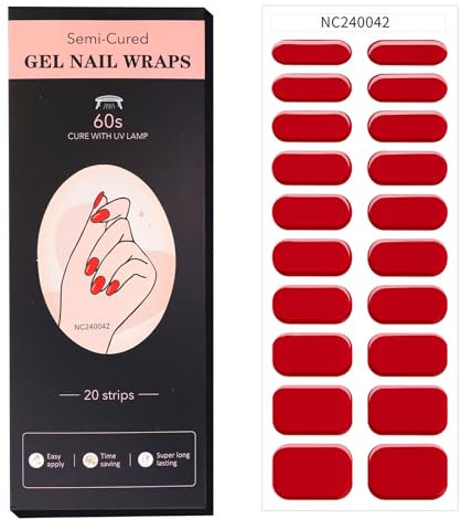 Semi Cured Nail Strips, 20 PCS Nail Stickers Full Wraps for Salon-Quality Nails at Home, Works with Any UV Lamp, Easy to Apply, Shape & Remove (20, Red)