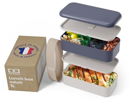monbento - Brotdose MB Original - Bento Box Erwachsene - Jausenbox 2 Fächer Auslaufsicher - Mikrowelle & Spülmaschinengeeignet - BPA-frei - Meal Prep Lunchbox - Schwarz Onyx/Grau Coton