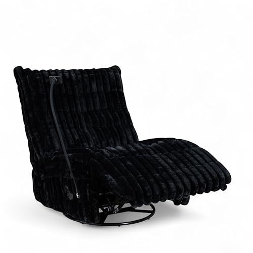 Black Jumbo Cord Swivel Recliner Chair with Phone Holder - Fluffy Comfy Swivel Armchair for Relaxing, Black Cuddle Chair for Living Room, Modern Recliner Armchair with Manual Recline - COMO