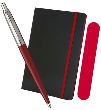 Parker Jotter Kugelschreiber Rot + A5 Deluxe Notizbuch Set - Klassisches Schreib-Geschenkset für Büro, Studenten oder alltägliche Notizen - Retro-Design mit gleichmäßigem Tintenfluss - Business Set