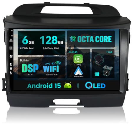 SXAUTO - 6G+128G - Android 15 IPS Autoradio für Kia Sportage (2010-2015) - Eingebaut Carplay/Android Auto/DSP - LED Kamera + MIC - DAB Lenkradsteuerung Fast-Boot 360-CAM WiFi - 2 Din 9 Zoll