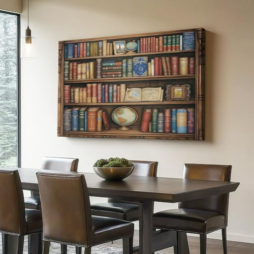 Generisch Bild auf Leinwand Bunt Modern Wanddeko Leinwandbild Retro Bücherregal Bibliothek Bücher Thema Bild auf Leinwand Als Hintergrund und Deko 100L x 40B cm für Wohnzimmer & Schlafzimmer