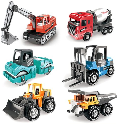 6 Stück Baustellen Fahrzeuge, Bunt Baufahrzeuge Spielzeug Geschenkset | Mini Lastwagen Autos (Bagger Straßenroller Dumper Mischer Bulldozer Gabelstapler) für Kinder ab 3 Jahren