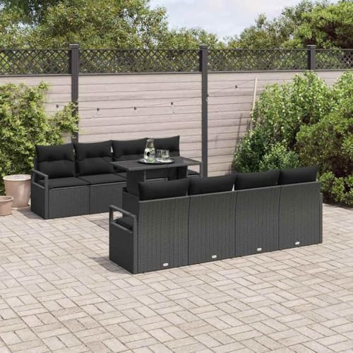Teenpull Juego de sofás de jardín con espacio de almacenamiento, 9 piezas, poliratán negro, muebles modulares para exteriores con mesa, patas ajustables para 8 personas