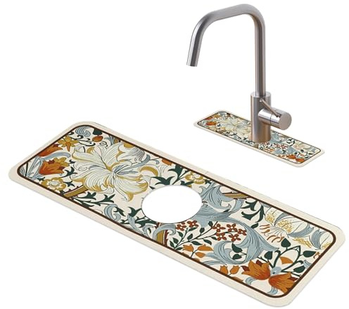 Sink Faucet Mat, Super Absorbent Non-Slip Vintage Floral Print Sink Splash Guard, Diatom Mud Plates Dish Drying Mat for Kitchen Bathroom Faucet Protection
