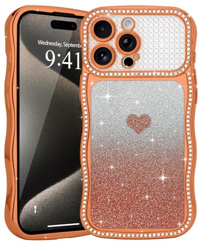 Teageo for iPhone 15 Pro Max Glitter Case, Lovely Heart Wave Frame, Orange | for Women Girls, Wave Curly Bumper, Sparkle Rhinestone Diamonds, Shockproof Cute Bling Cover