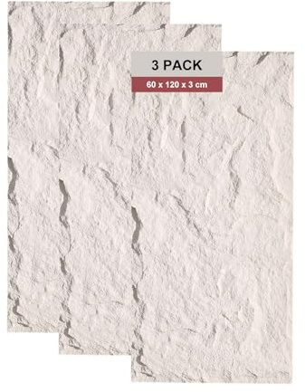 mepiq 3D Wandpaneele Steinoptik 60x120 cm , Tiefschwarz Steinimitat-Paneel , 3 mm Verstärkt , für Innen und Außenbereich Leicht Wasserdicht Selbstmontage , 3 Stück , Perlmuttweiß