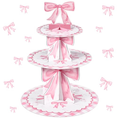 Tazuxetuqe Three-Tier Pink Ribbon Cake Stand Playful Bow Festive Birthday Cake Decoration Pink Dessert Tower For Wedding Garden Celebration
