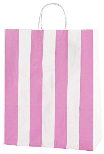Thepaperbagstore 10 Papiertragetaschen, Recycelbar Und Wiederverwendbar, Mit Gedrehten Griffen, Rosa/Weißen Streifen – Mittelgroß 250x110x310mm