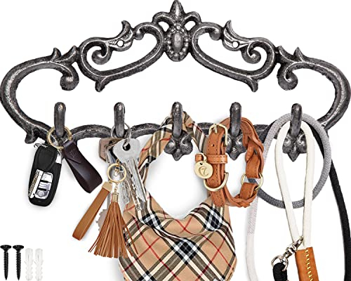 Comfify Gusseisener Wandhaken - Vintage Design mit 5 Haken - Schlüssel, Handtücher, etc - Wandmontage, Metall, Hochbelastbar, Rustikal, Vintage, Dekorative Geschenkidee - 12.9X 6.1
