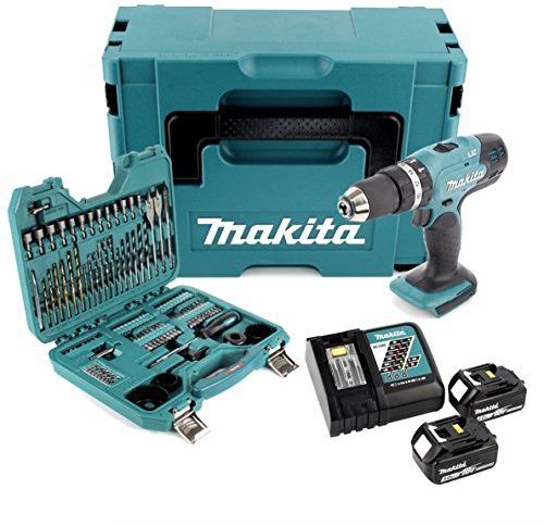 Makita DHP 453 RTJ Akku Schlagbohrschrauber 18V 42Nm im Makpac + 2x 5,0 Ah Akku + Ladegerät + 100 tlg, Bit- & Bohrer Set