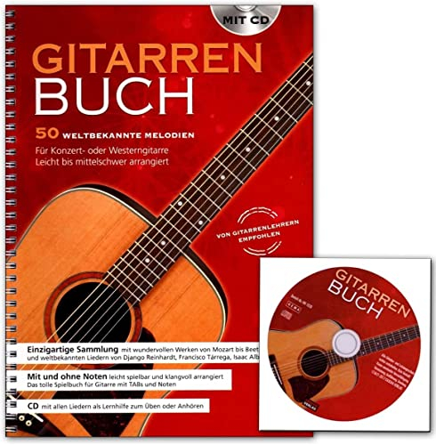 Gitarrenbuch - 50 weltbekannte Melodien für Konzert- oder Westerngitarre - - leicht bis mittelschwer arrangiert - Notenbuch mit CD - Cascha Verlag HH1039 4026929920003