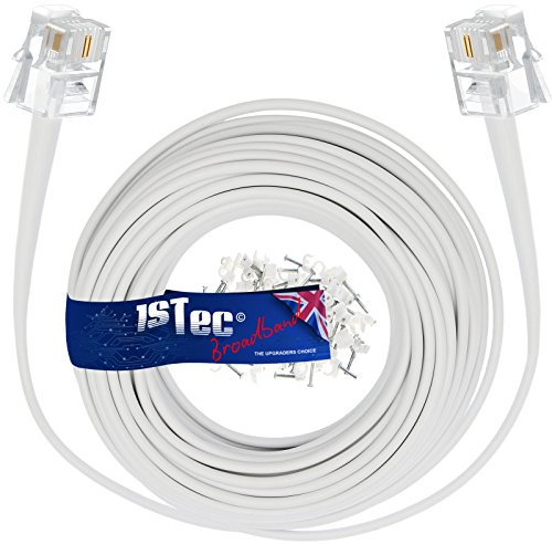 1STec 40M ADSL2+ Super High Speed Long RJ11 Broadband Hub Internet Extension Cable for BT Infinity Sky Q Talktalk Plusnet EE Vodafone Post Office Router on Fibre or Standard Services 40 Metre White