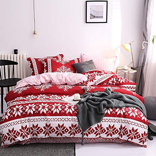 Boqingzhu Weihnachts Bettwäsche 220x240cm Rot Weiß Weihnachten Schneeflocken Punkte Rosa Wendebettwäsche Set Bettbezug und 2 Kissenbezüge 80x80cm mit Reißverschluss