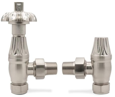 Brushed Nickel Angled Traditional TRV Thermostatic Radiator Towel Rail Valves