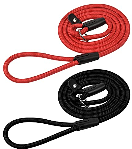 Jinlaili 2 Stück Nylon Hundeleine, Leichte Geflochtene Hundeleine, Verstellbare Retrieverleine, Führleine mit integrierter Halsung, Trainingsleine für Kleine Mittlere Große Hunde (Schwarz+ Rot)