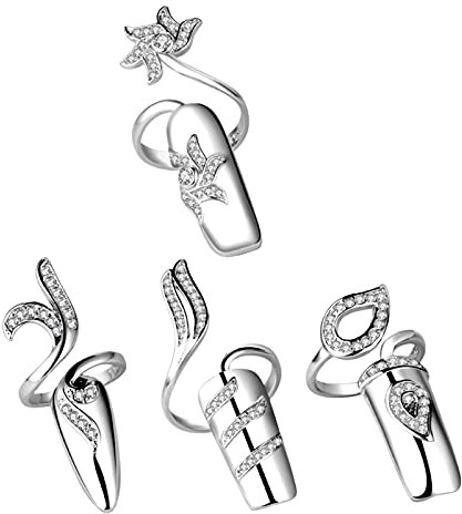 Harilla Set von 4 Strass Fingertip Öffnung Ring Einstellbar Nagel Schutz Abdeckung Ringe für Frauen, Silber