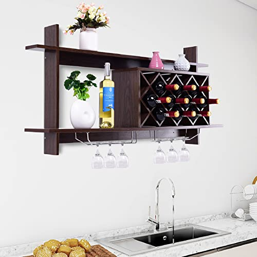 CASART Wall-Mounted Wine Rack, 10/6 Bottles and 6 Wine Glasses Display Shelves, Rustic Wooden Wine Storage Shelf Organizer for Living Room Bar and Kitchen (Black Walnut, 120 x 20 x 59cm)