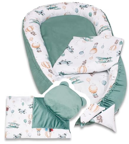 PaLulli 4-TLG Premium Velvet Baby Ausstattung-Set Kuschelnest Babynest 100x55cm herausnehmbarer Baby-Matratze, Kuscheldecke Flachkissen Babybett 100% Baumwolle Hypoallergisch (Baloon)