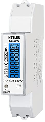 KETLER - KE10006 : Compteur électrique modulaire - Monophasé 100 A - Certifié MID - Remise à zéro partielle - Simple tarif - Affichage LCD