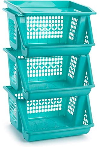 Acan Tradineur - Verdulero apilable Modelo PLFT Color Turquesa 3 cestas, 57 x 36 x 29 cm. Cestas portaobjetos apliables, estantes Multiusos para organizar los Espacios domésticos (Plus)