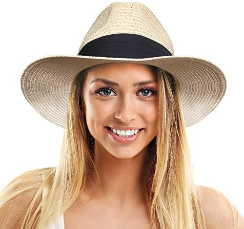 TOSKATOK Chapeau de Soleil Panama en Paille Classique pour Femme et Homme UPF 50+ Taille r�glable � Large Bord-Taille Unique-CR�ME