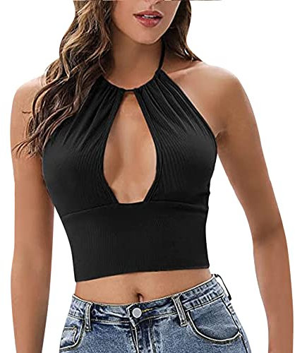 KOEMCY Canotta Donna Crop Canotte Estive Crop Top Sexy Canottiera Canotta a Tinta Unita in Stile Casual Tagliata Senza Maniche Crop Top Canotta (Nero, S)