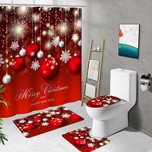Gliitatu Weihnachts-Duschvorhang-Set mit rutschfestem Teppich, WC-Deckelbezug und Badematte, Weihnachts-Badezimmerdekoration, 180,3 x 180,3 cm, mit 112 Haken, wasserdicht (220615-23-3), 4-teilig