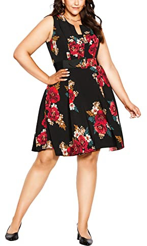 CITY CHIC Damen Plus Size Angelica Kleid, Blk Poppy Play, 48