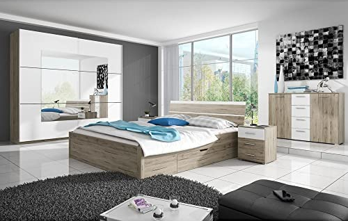 Schlafzimmer Möbelset mit Doppelbett, Schrank, Kommode und 2 Nachttischen in Sanremo Eiche Nb. mit weiß Liegefläche 180x200 cm