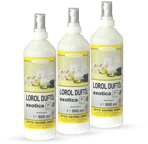 Lorito Lorol Exotica Duftöl 3 x 500 ml, Raumduft Spray für Toilette, Bad und WC, Lufterfrischer mit erfrischendem Duft
