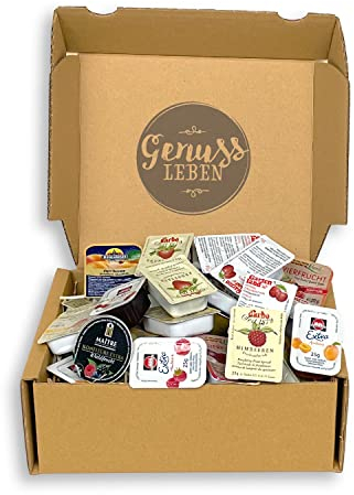 Genussleben Frühstücksbox mit 900g Konfitüren und Marmeladen in vielen Geschmacksrichtungen