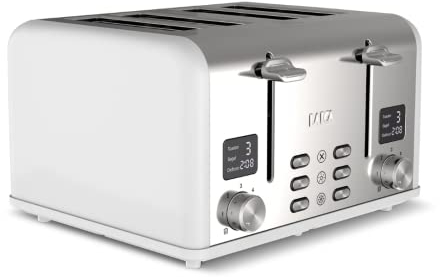 LAICA ISEO 4 slice digital toaster with Independent High Lift & Extra-Wide Slots, Defrost & Reheat Functions, 6 Browning Settings, Bagel Feature- Stainless Steel, White