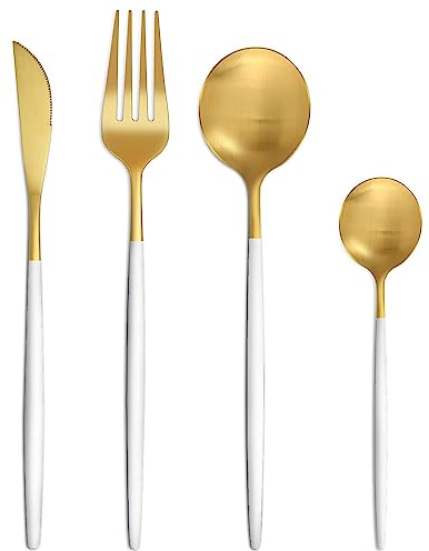 Bestdin Set de couverts 6 personnes, 24 pièces de couverts blanc or mat, Set de couverts avec couteau fourchette cuillère, couverts en acier inoxydable de haute qualité, lavable au lave-vaisselle