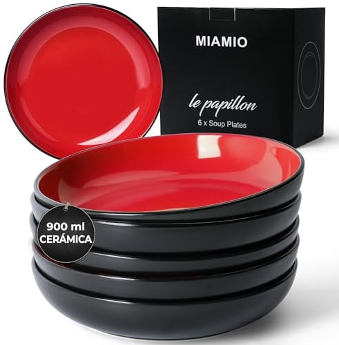 MIAMIO – 900 ml / 22 cm Set of 6 Pasta Bowls/Salad Bowls, Pasta Plates Wide and Shallow Bowl, Large Ceramic Stoneware Deep Plate Serving Soup - Le Papillon (Red)