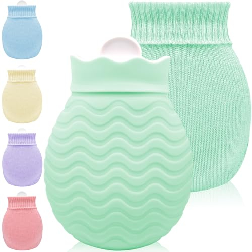Kleine Wärmflasche mit Bezug - 320ml Mini Silikon Wärmflasche für Warm- und Kaltkompressen, Hand-Fuß-Bettwärmer, Ideal für Menstruationsbeschwerden, Schmerzlinderung (Grün)