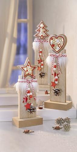Weltbild LED-Dekosäulen „Weihnachten“Deko-Trio Holz mit Sternenlicht | 3er-Set Herz, Stern, Tanne | Weihnachtsdeko mit Timer & warmweißen LEDs