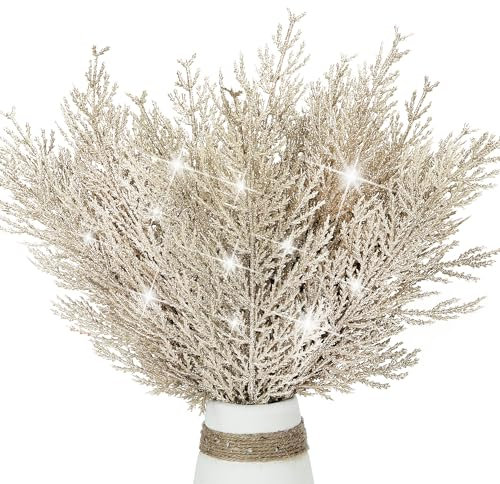 KKSTY Pack of 16 Artificial Pine Branches Glitter Twig Ornaments, 13.3'' Glittery Christmas Tree Picks Stems for Xmas Decor,DIY Crafts,Wreath Making Supplies,Small Vase Filler (Champagne)