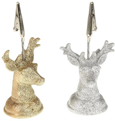 MACOSA CO68120_s_x4 4er Set Bilderhalter Tischkartenhalter Hirsch Silber Glitzer Kunststoff 10 cm Kartenhalter Bildhalter Tischdekoration Weihnachten Nikolaus Winter Tischdeko Advent (Silber)