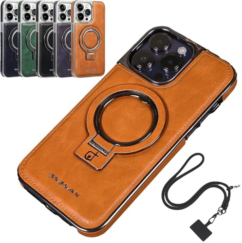 Cemssitu Luxury Leather Invisible Stand Phone Case for iPhone 15/14/13/12 Pro Max with Lanyard (Brown,iPhone 12 Pro)