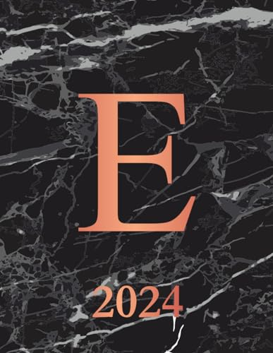 E: 2024. Monogrammed Initial E Weekly Planner Diary For 2024. Black Marble & Rose Gold Cover. Datebook Calendar Schedule