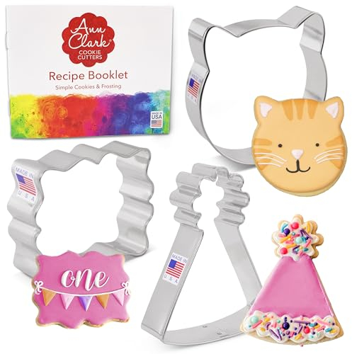 Ann Clark Lot de 3 emporte-pièces pour fête d'anniversaire Motif chat Fabriqué aux États-Unis par Ann Clark, petite plaque fantaisie et chapeau d'anniversaire