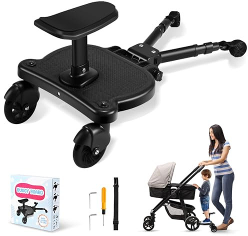 ENERHUB Buggy Board mit Sitz, Kiddy Board Trittbrett, Universal Stehbrett, Kompatibel mit 99% aller Kinderwagen, für Kinder von 2-6 Jahren Tragkraft 25kg(Schwarz)