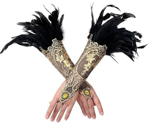 Pipihome Damen Schwarz Feder Spitze Fingerlose Lange Handschuhe für Maleficent Kostüm, Black Swan Kostüm Accessoires für Hochzeit Halloween Gothic Kostüm Damen
