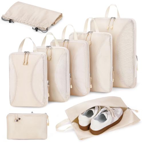 Anjing Packing Cubes Compression - 8-teiliges, Koffer Organizer Set mit Kompression, Komprimierbaren Packwürfeln zur Organisation, Packwürfel für Koffer, Beige