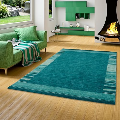 Pergamon Natur Teppich Gabbeh Esta Blau Petrol - Wollteppich - Handgewebt, Weich, Langlebig - Klassisches Design