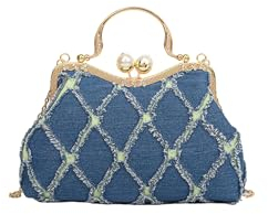 CORIOS Damen Jeans Abendtasche Strass Clutch Hochzeit Brautbörse Handtasche Perle Klein Tasche Glänzend Diamant Schultertasche Elegante Kette Umhängetasche Dunkelblau