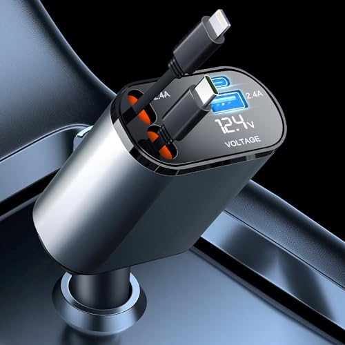 Retrattile Caricabatterie Auto, Euakee 60W Caricatore Auto USB Cavi di Ricarica Veloce 2.6Ft con Voltmetro LED, 4 in 1 Auto Adattatore Presa USB C con 1 Cavo Retrattile Tipo C 1 Cavo Tipo Lightening